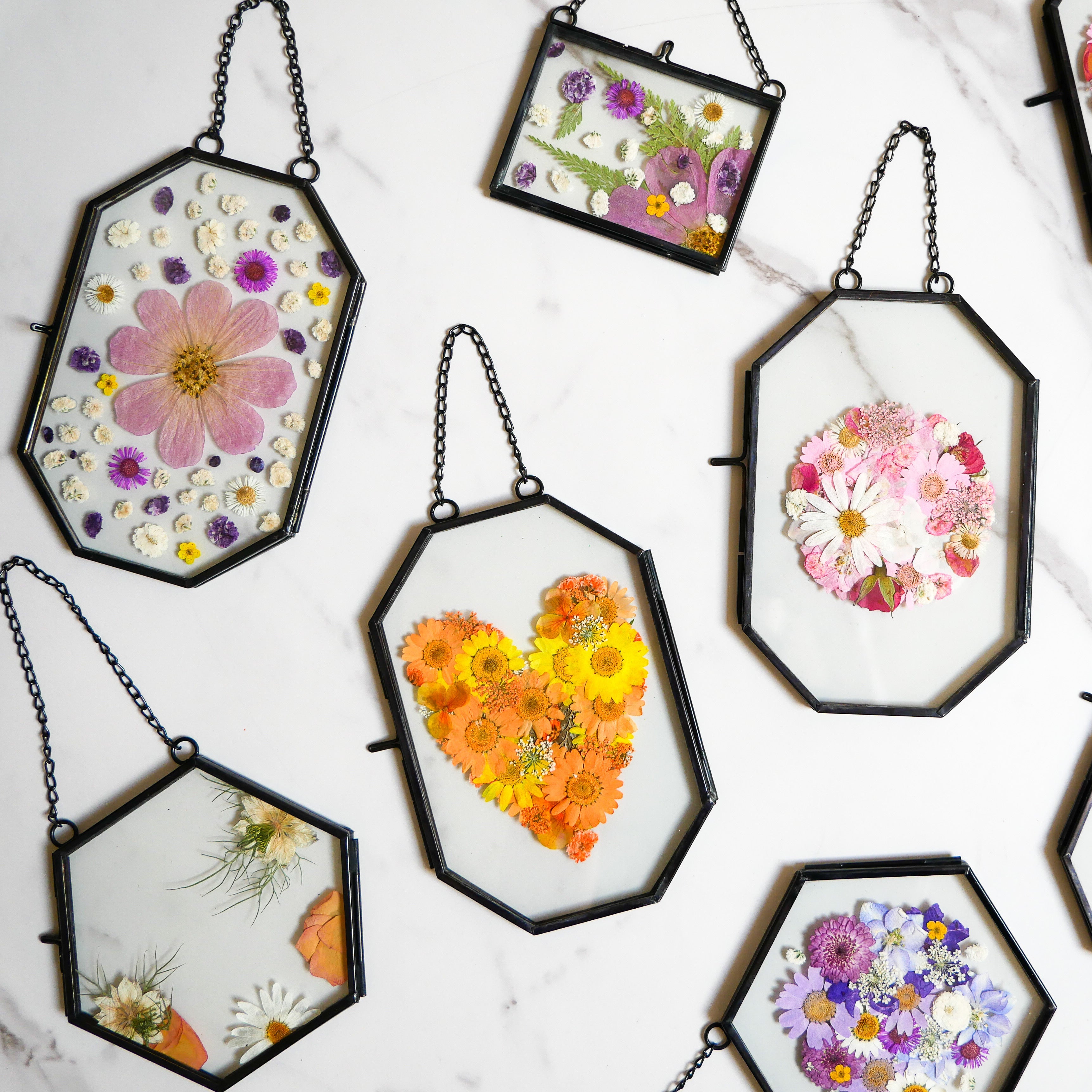 Hexagonal floral frames with pressed flowers on a white background